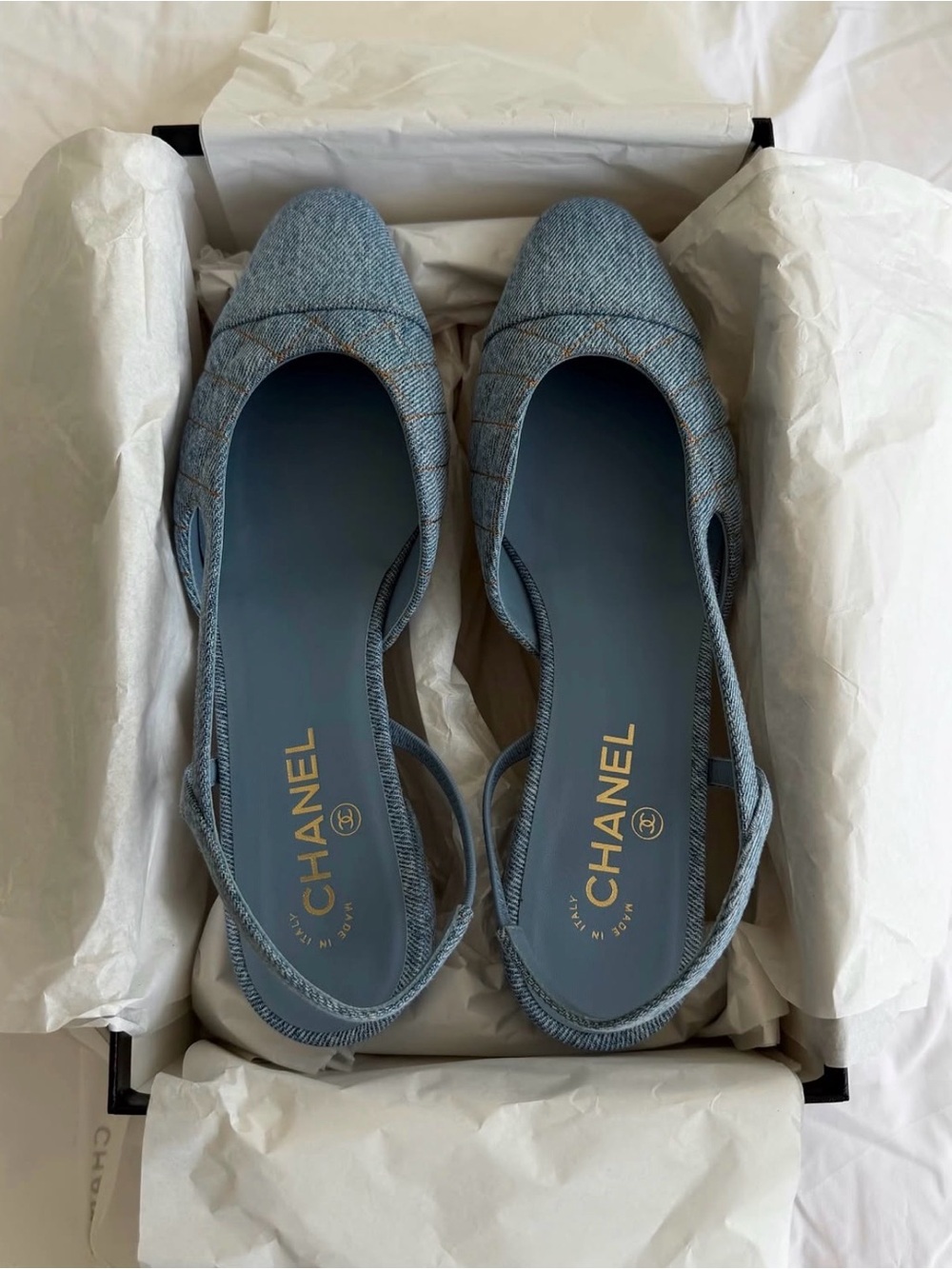 Chanel 26B Light Denim Slingback Flats | Size 38.5